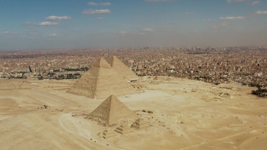 Aerial view of the pyramids of Giza, Giza pyramids shot by drone