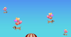 Animation of hot air balloon colourful balloons with dogs flying on blue background. party and celebration concept digitally generated video.