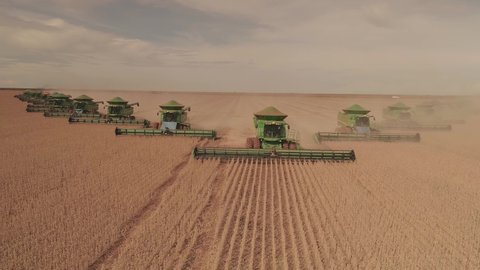 Chapadão do sul, Mato Grosso do Sul, Brazil, February 27, 2020: Agribusiness - Machines in formation in the soybean harvest, soybean harvest, grain harvesting machines - Agriculture