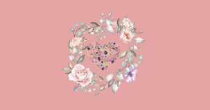 Animation of pale floral garland and heart shape of flowers rotating in centre of pink background. nature, spring, summer and wellbeing screen template concept, digitally generated video.
