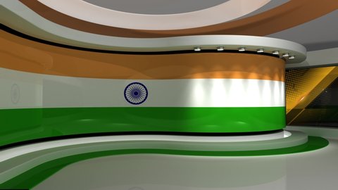Virtual studio. TV studio. Indian flag background. News studio. Background for any green screen or chroma key video production. 3d render. 3d 