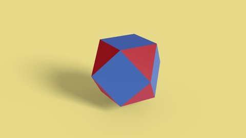 A cube transforming into a  cuboctahedron, then transforming into a truncated octahedron, and finally transforming into an octahedron. Archimedean solid. Looped 3d animation. 
