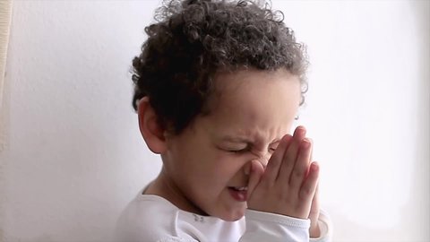 boy praying to God with hands held together with closed eyes stock video stock footage