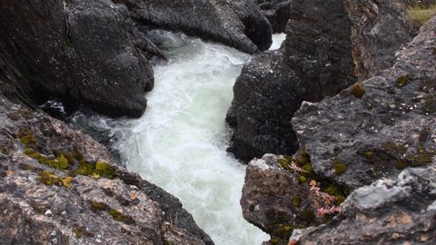 White foamy water stream rapidly flowing downstream through boulders