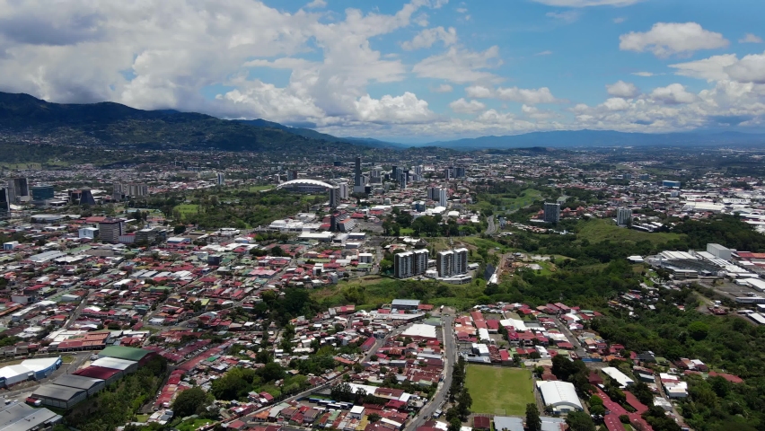 Beautiful cinematic aerial view of the City of San Jose Costa Rica