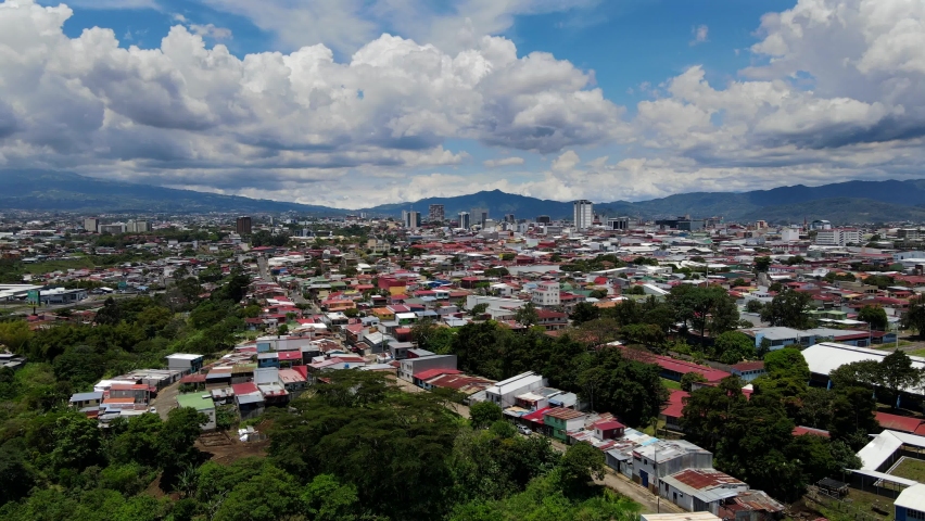 Beautiful cinematic aerial view of the City of San Jose Costa Rica