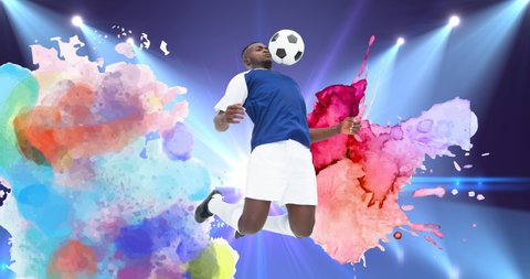 Animation of football player with ball over colourful squiggles on blue background. sport and competition concept digitally generated video.