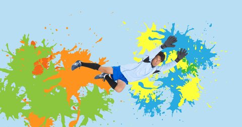 Animation of football goalkeeper over colourful squiggles on blue background. sport and competition concept digitally generated video.