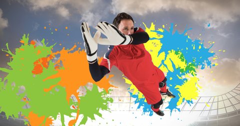 Animation of football goalkeeper over colourful squiggles over sports stadium. sport and competition concept digitally generated video.