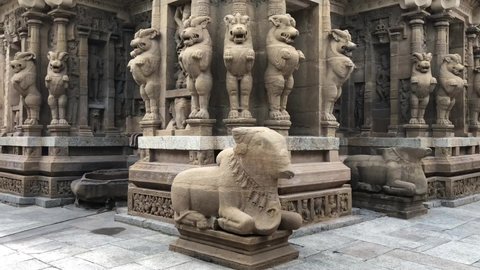 Kanchi Kailasanathar temple in Kanchipuram, Tamilnadu, India. Ancient Hindu temple tower with carvings of Lion and Bull sculptures. Historical temple with lion sculpture pillars.