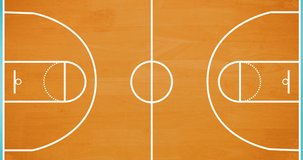 Animation of basketball player with balls on basketball court background. sport and competition concept digitally generated video.