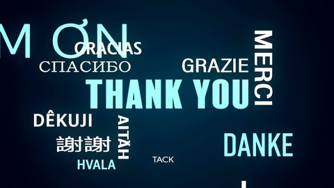 Video animation of thank you keyword cloud in different languages with white and blue text on dark background