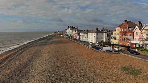 Aerial drone view of the beach in Aldeburgh, Suffolk, UK. May 2021