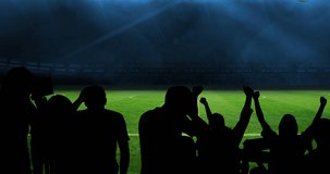 Animation of silhouettes of sports fans cheering over sports stadium. sports event and competition concept digitally generated video.