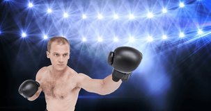 Animation of caucasian male boxer boxing over spotlight in sports stadium. sports event and competition concept digitally generated video.