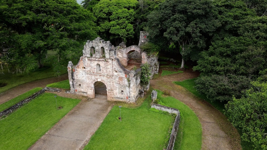 Beautiful cinematic aerial view of Ujarras ruins Church in Cartago