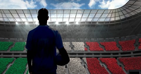 Animation of rear view of football player holding ball over italian flag in sports stadium. sports event and competition concept digitally generated video.