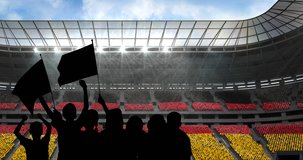 Animation of silhouettes of sports fans cheering with german flag over sports stadium. sports event and competition concept digitally generated video.