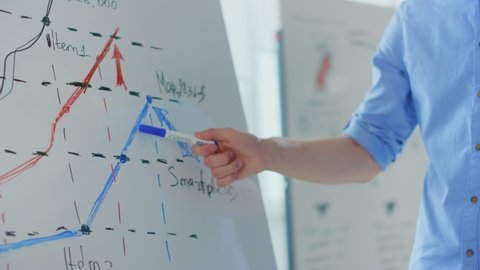 Closeup male hand with marker pointing to flipchart in modern office. Unrecognizable business man showing growth graph on whiteboard indoors. Unknown businessman analyzing data inside.