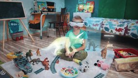 Smart kid discovers facts and history of prehistoric creatures and dinosaurs wearing augmented reality headset. Interactive learning indoors. Home school. Innovation technology. Motion graphics - Powered by Shutterstock - Get 15% off with code: PIKWIZARD15