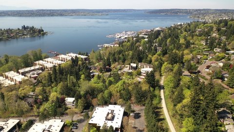 Cinematic 4K drone clip of Lakeview, Yarrow Point, Central Houghton, Marina Park Pavilion, Yarrow Bay, Lake Washington residential neighborhoods near Bellevue and Seattle, King County, Washington