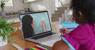 African american girl doing homework while having a video call with female teacher on laptop at home. distance learning and online education concept