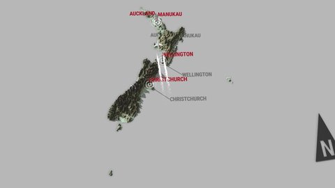 Seamless looping animation of the 3d terrain map of New Zealand with the capital and the biggest cites in 4K resolution