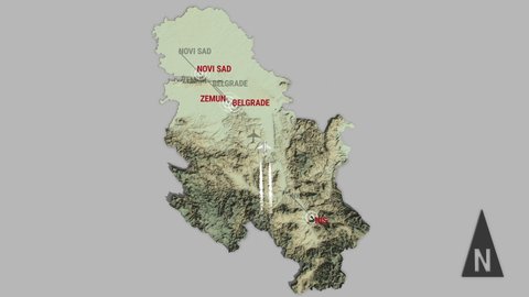 Seamless looping animation of the 3d terrain map of Serbia with the capital and the biggest cites in 4K resolution