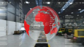 Animation of digital icons and globe spinning over warehouse. global shipping, connections and technology concept digitally generated video.