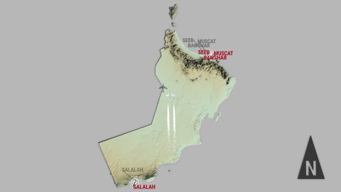 Seamless looping animation of the 3d terrain map of Oman with the capital and the biggest cites in 4K resolution