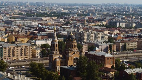 Saint Petersburg, Russia - 05.22.2021: panoramic view, city, buildings, the  summer day, sunny, St. Petersburg, drone footage