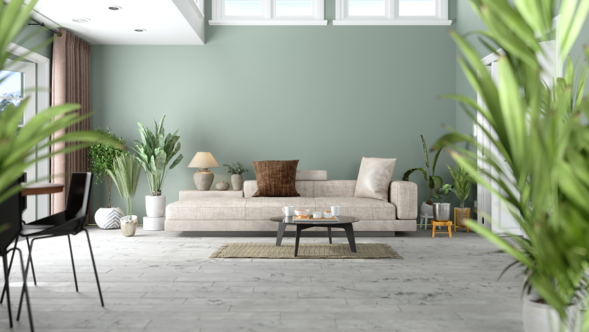3d Rendering of Modern Living Room Interior With Green Plants, Sofa And Green Wall Background  | Shutterstock HD Video #1073069039