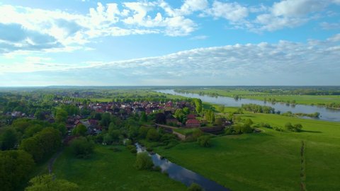 Aerial view of the village Doemitz in Germany on a sunny morning in spring
