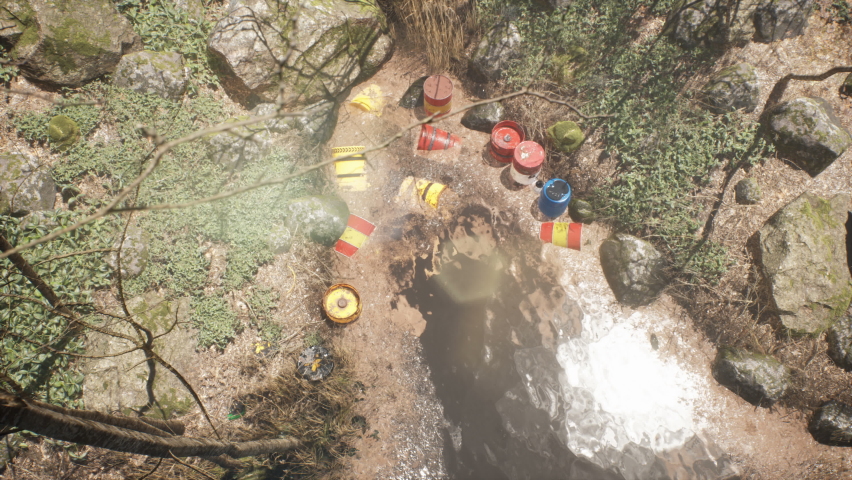The toxic bay is littered with barrels of toxic chemicals that pollute the environment. Polluted environment concept. The animation is for apocalyptic, ecology or environment backgrounds.