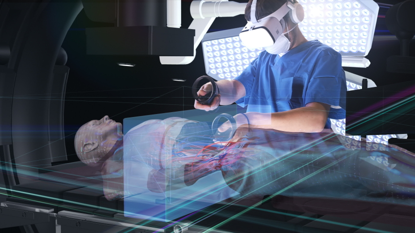 Virtual reality in HealthCare Industry. Surgeon Doctor with VR glasses operation using Augmented Holographic Technology. Science Anatomy Scan of Human Body, Organs, Bones . Modern medical equipment.  Royalty-Free Stock Footage #1073079080