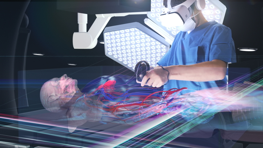 Virtual reality in HealthCare Industry. Surgeon Doctor with VR glasses operation using Augmented Holographic Technology. Science Anatomy Scan of Human Body, Organs, Bones . Modern medical equipment. 