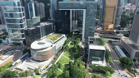 Aerial View of Hong Kong financial hub including Central, Wan Chai and Admiralty, a seaside Victoria harbour in Skyline cityscape with city building