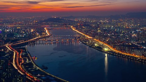 Top view of the sunset of Seoul and Hangang River. In South Korea