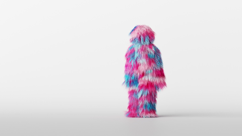 modern pop performance: 3d cartoon character hairy funny toy monster is dancing in white room