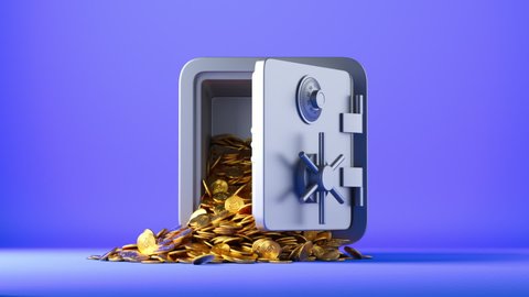 3d animation, golden coins with the bitcoin symbol fall out the opening safe box. Cryptocurrency protection concept