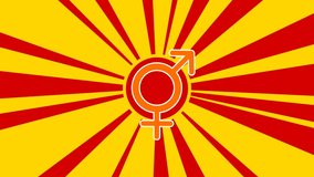 Bigender symbol on the background of animation from moving rays of the sun. Large orange symbol increases slightly. Seamless looped 4k animation on yellow background