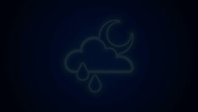 Glowing neon line Cloud with rain and moon icon isolated on black background. Rain cloud precipitation with rain drops. 4K Video motion graphic animation .