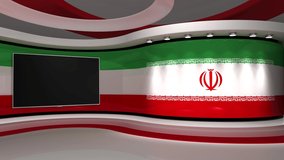 Virtual studio. TV studio. Iran. Iranian flag. News studio.  Loop animation. Background for any green screen or chroma key video production. 3d render. 3d 