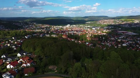 Aerial view of the city Bad Hersfeld in Germany on a sunny day in spring.