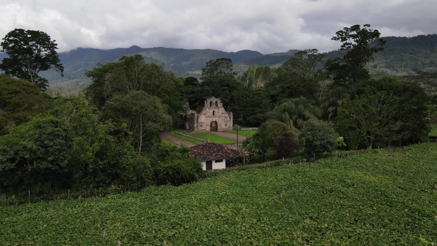 Beautiful cinematic aerial view of Ujarras ruins Church in Cartago
