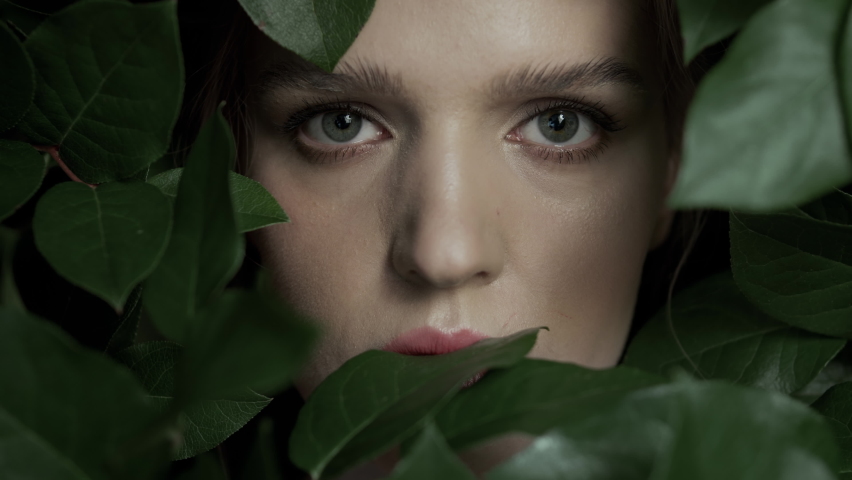 Woman's face among green leaves. Close-up of a woman's face. Natural makeup Clean face skin. Facial skin care. Natural and eco cosmetics. Natural ingredients. Harmony with nature. Concept idea.  | Shutterstock HD Video #1073100839