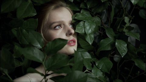 Woman among green leaves. Natural makeup Clean face skin. Facial skin care. Natural and eco cosmetics. Natural ingredients. Harmony with nature. Spa treatments. Eco friendly life.