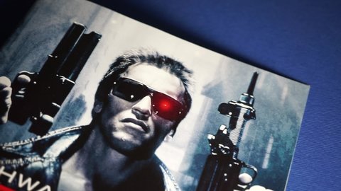 Rome, Italy - February 6, 2021, detail of the DVD cover of the 1984 Terminator movie, directed by James Cameron with Arnold Schwarzenegger, Linda Hamilton and Michael Biehn.