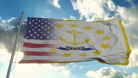 Flag of USA and Rhode Island state. USA and Wyoming Mixed Flag waving in wind