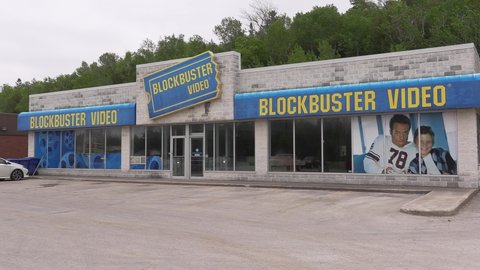 Owen sound, Ontario, May 2021  Last Blockbuster movie video rental store in Canada sits empty since bankruptcy and closure in 2011. 